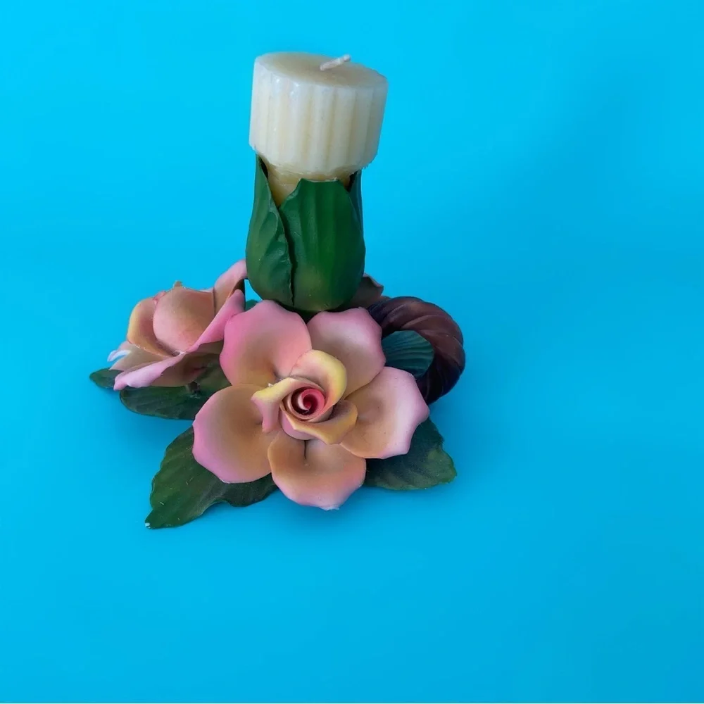 Capodimonte Italian porcelain rose floral candle holder vintage home decor